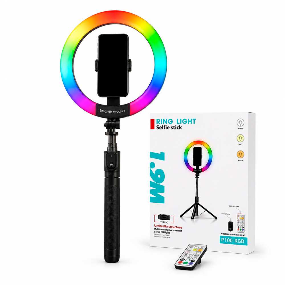 Кільцева лампа зі штативом для телефону 1.9 м RGB з пультом — фото 2
