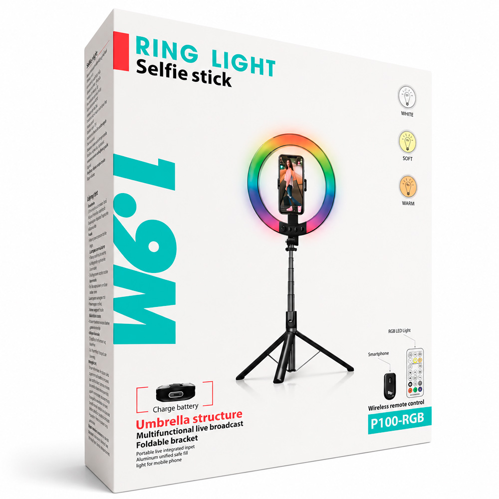 Кільцева лампа зі штативом для телефону 1.9 м RGB з пультом — фото 5